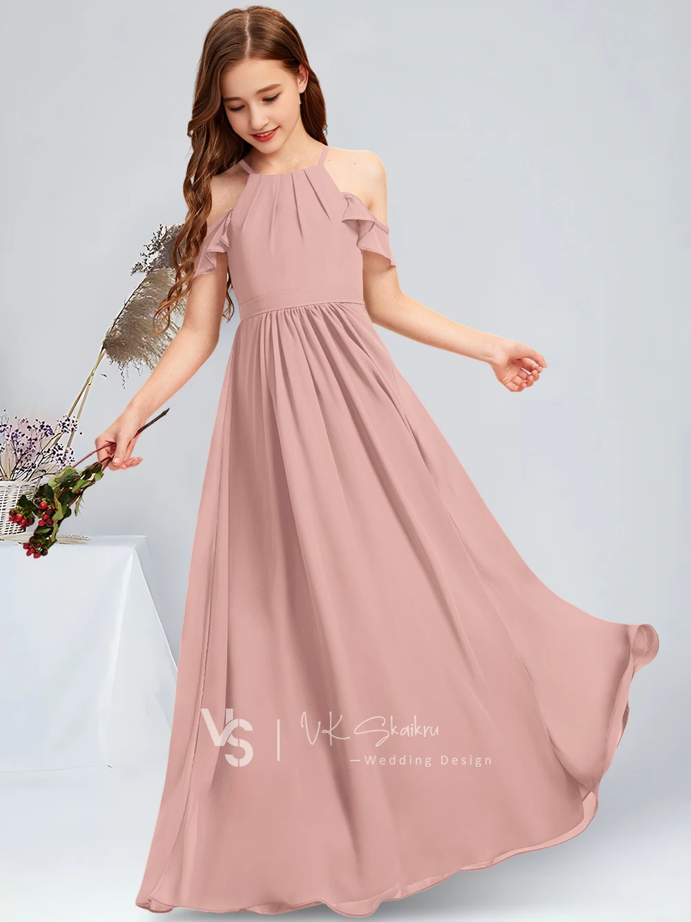 Elegant A-Line Halter Floor-Length Chiffon Junior Bridesmaid Dress Stunning Dusty Rose Flower Girl Gown for Wedding Party Teens