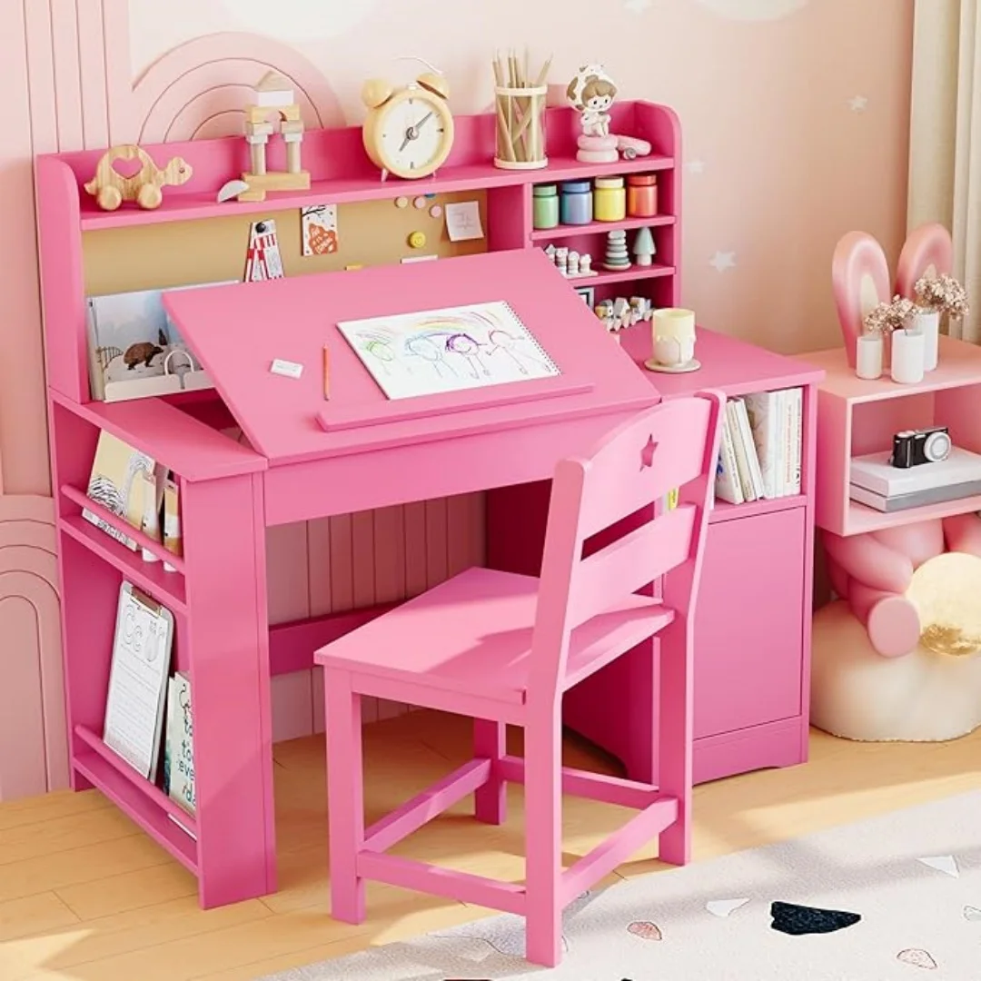 Juego de Escritorio y Silla de Estudio para Niños con Almacenamiento, Escritorio de Estudio para Niños con Estante y Inclinable, Mesa de Madera con Almacenamiento para Niños para Escribir