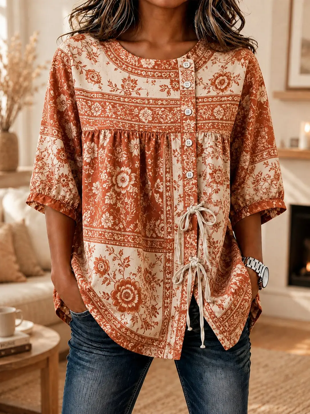

Women's Boho Terracotta Floral Border Print Drawstring Button Up Blouse, Casual Round Neck Tops for Spring Summer Daily Wear