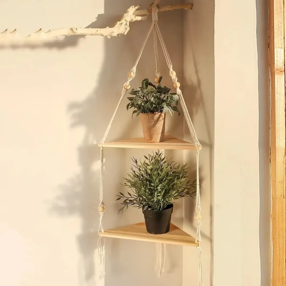 Boho Home Decor Wood Floating Wall Shelf Hanging Sewing Hanging Display Shelves Wall Corner Plant Holder Stand Garden Decoration