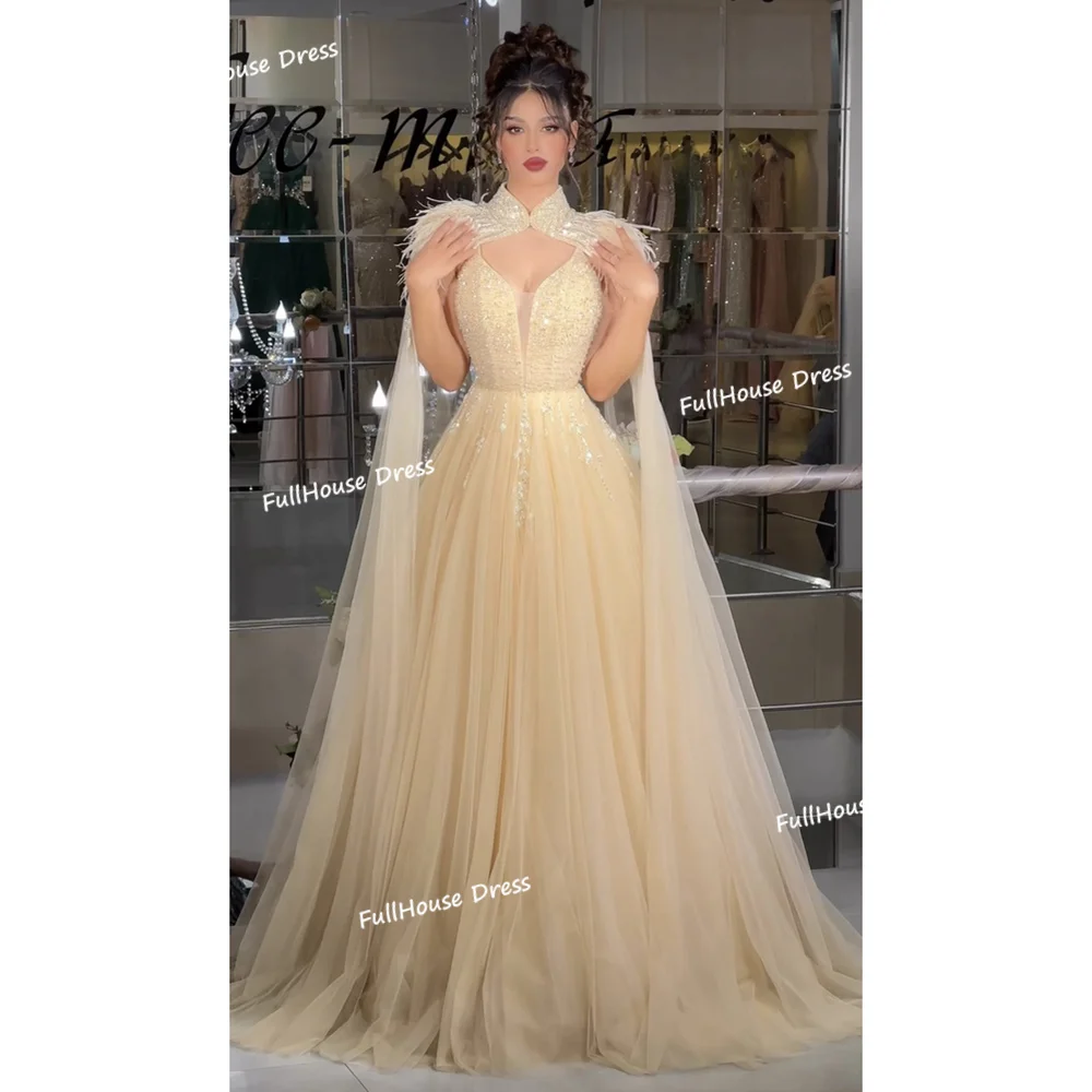 

Custom Made Fantastic V-neck Tulle A-line Beading Shiny Evening Dress Floor Length Backless Feathers Party Dress with Train