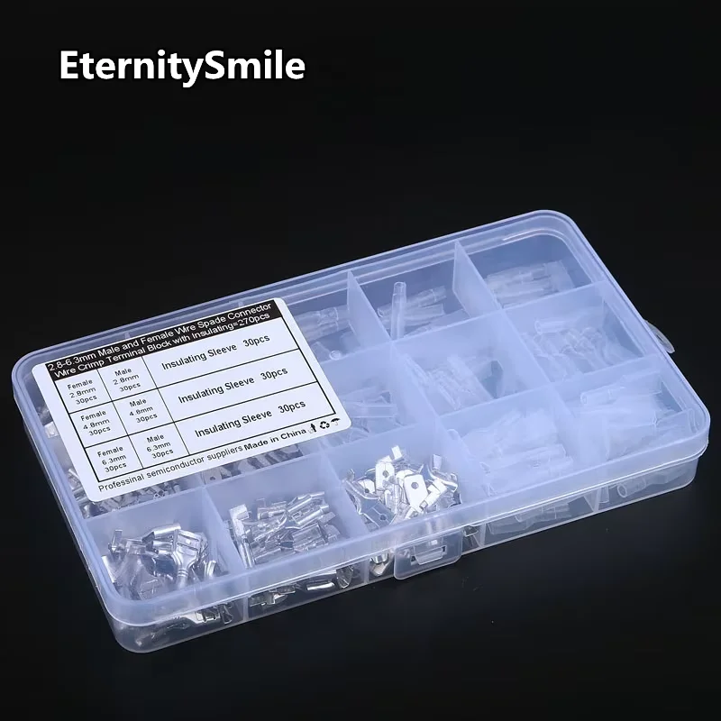 270PCS/BOX 2.8 4.8 6.3MM Crimp Terminals Insulated Male Female Wire Connector Electrical Wire Spade Connectors Kit