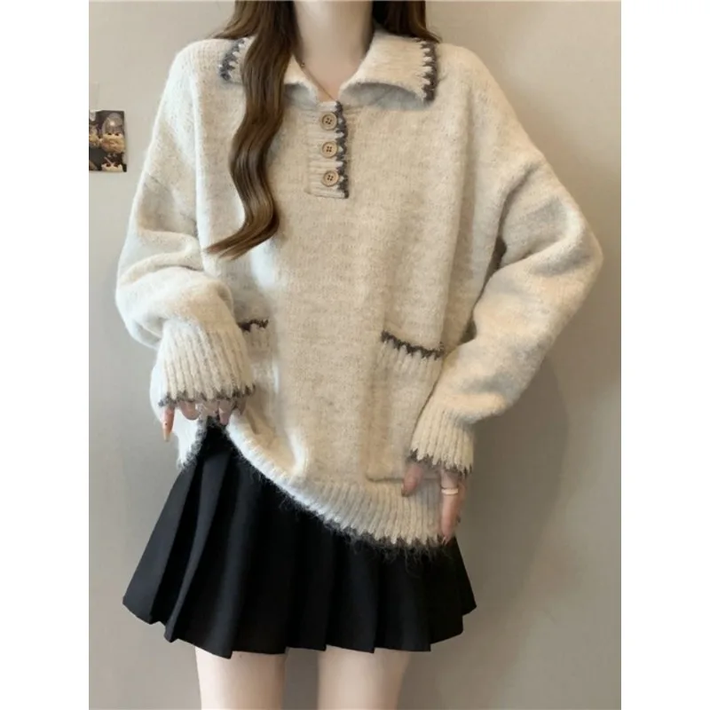 Women Lapel Collar Knit Sweater Half Button Contrast Trim Pocket Design Loose Long Sleeve Pullover Top