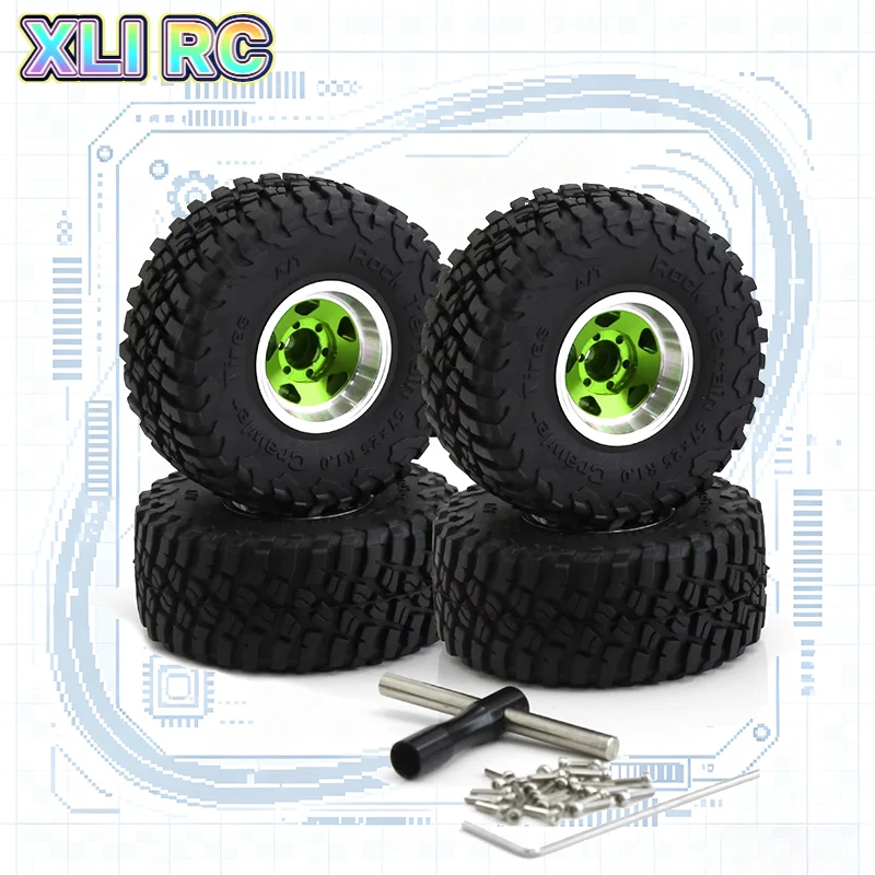 4PCS RC Mud Terrain Tires 1.0 Beadlock Wheel Rims Set For 1/24 RC Crawler Car Axial SCX24 FMS FCX24 Enduro24 AX24 (W1049-T1007)