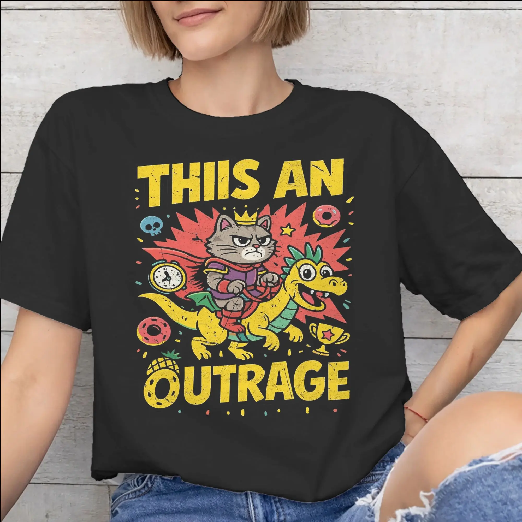 Men Women This Is An Outrage Princess Donut Cat  Shirt Pure Cotton Printed T-Shirt  Top Clothing