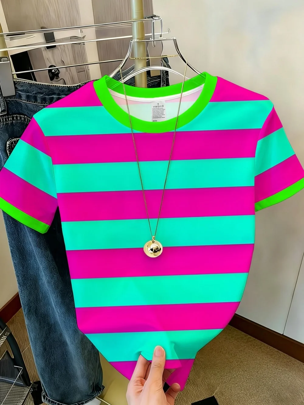 Damen Casual Gestreiftes Bedrucktes T-Shirt Kurzarm Mode Einfaches Herzförmiges Grafik-T-Shirt Urlaub Sommer Damenkleidung – Detail 4