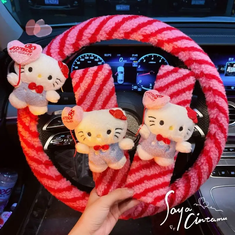 

Hello Kitty steering wheel cover Plush warm plush cover car handle Seat Belt cover essentials gift for Women Girls Decoration