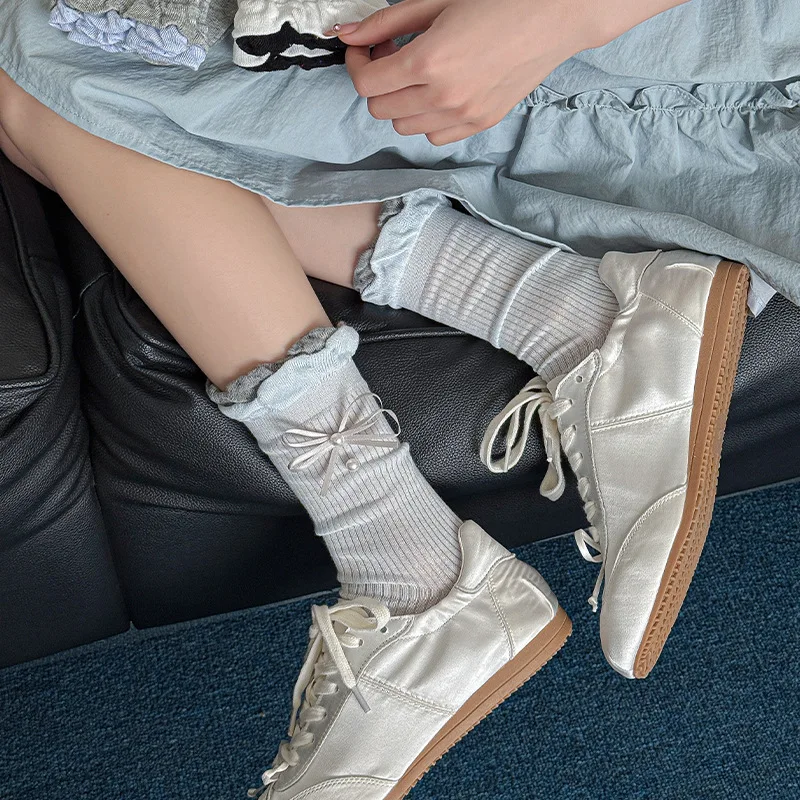 الباليه الأساسية الجوارب النساء الدانتيل المشذبة اللؤلؤ كومة ترهل القوس سلس منتصف العجل الجوارب