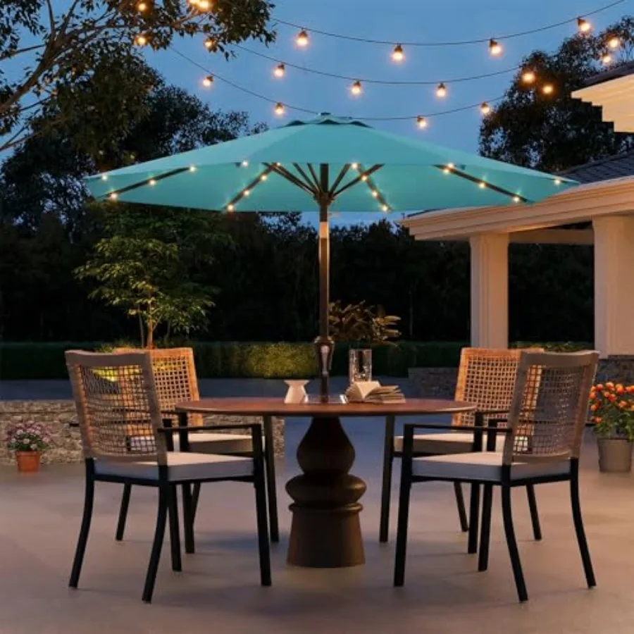 

9FT Solar Umbrella 32 LED Lighted Patio Umbrella Table Market Umbrella w/Tilt and Crank UV-Resistant Outdoor Umbrella for Pool