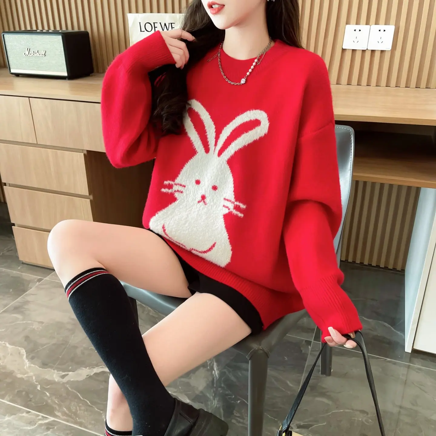 Winter Fufu Niedlicher weißer Kaninchen-Strickpullover, lockerer Weihnachts-Rot-Koreanischer Stil, Damenpullover, warm, gemütlich, Urlaubsmode