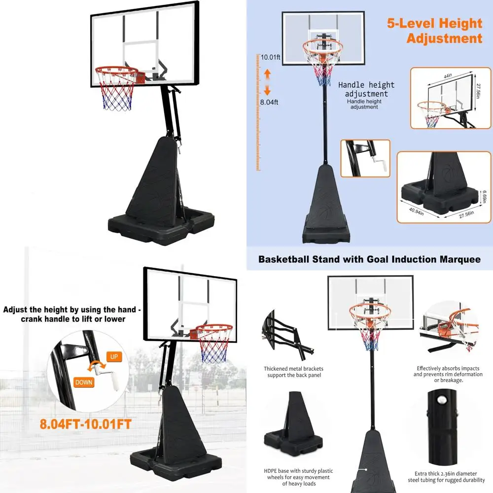 Golha de basquete portátil de altura ajustável, 8,04-10 pés, tabela inquebrável de 44 polegadas, sistema de cesta de basquete ao ar livre resistente