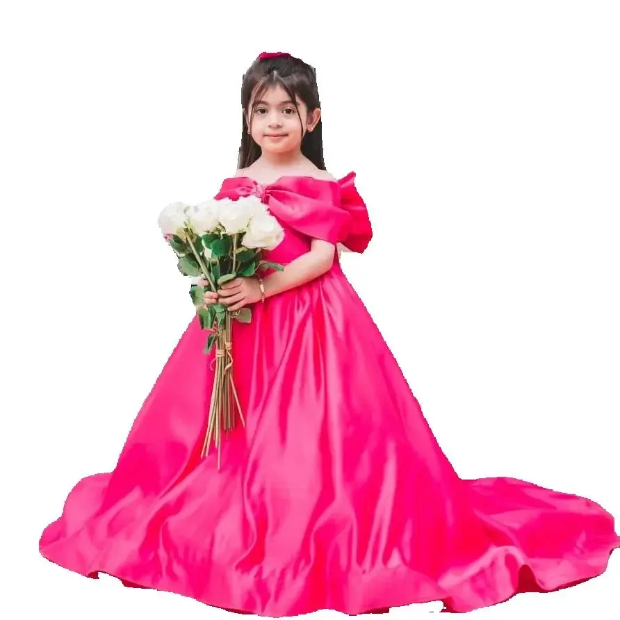 Satin Flower Girls Dresses 2025 Customized Off the Shoulder Vestido De Novia Kids Long Birthday Party Dress