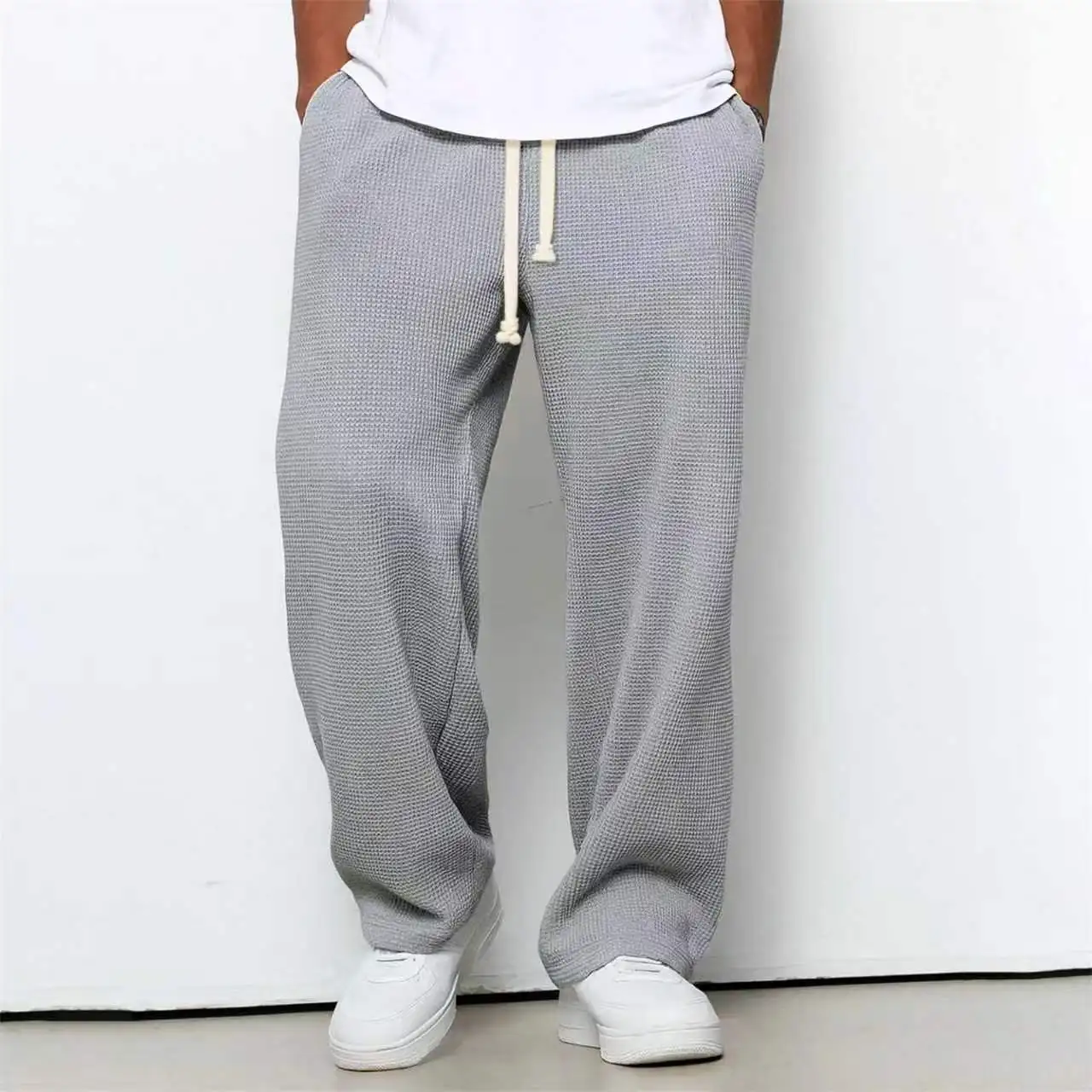 Men's Spring-Autumn Trendy Brand Loose-Fitting Stretchy Straight-Leg Sweatpants. Waffle Fabric. Micro-Bouncy Sporty Casual Pants
