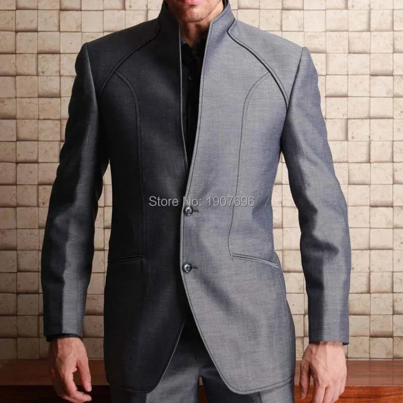 Tunic Suits For Men With Stand Collar 2 Pieces Formal Fashion Wedding Groom Tuxedo Business Style Set Jacket With Pants