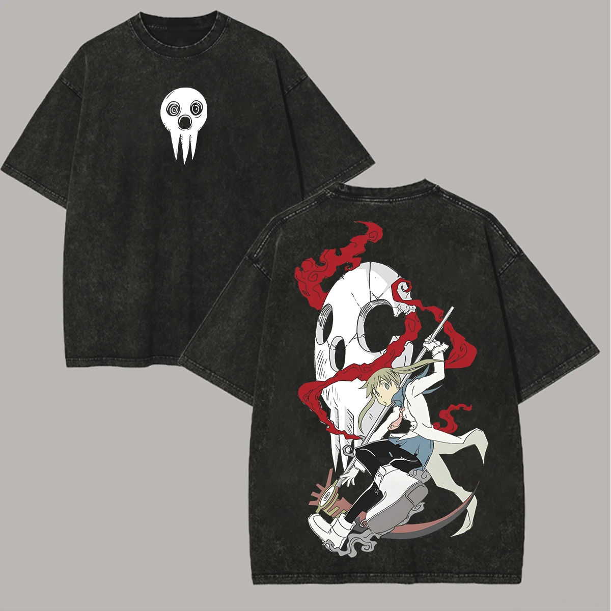 Anime Soul Eater Maka und Soul Vintage Washed T-Shirt, Unisex, Oversized, lässig, kurzärmelig, Harajuku Streetwear, Fan-T-Shirt, Oberteil – Detail 4