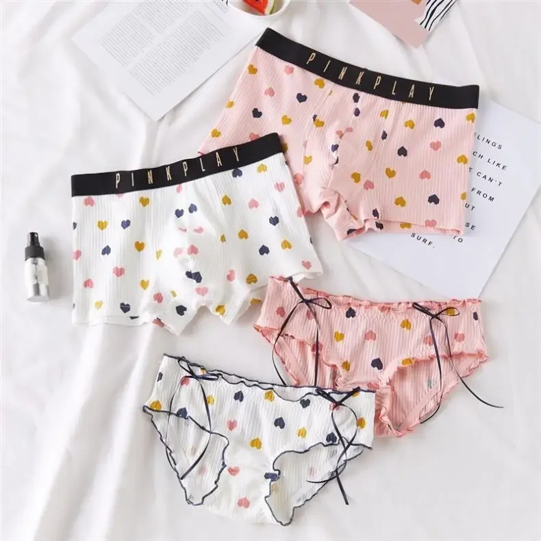 High Quality Couple Panties Sexy Cotton Fabrics Underwear Men Boxers Women Kawaii Loli Briefs Cute Love Print Underpants