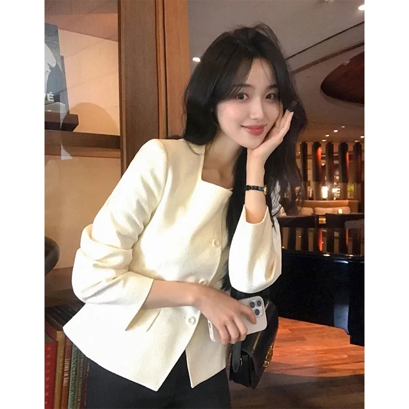 MEXZT Elegante Abgeschnitten Jacke Frauen Fashion Square Kragen Schwarz Mantel Herbst Koreanische Einreiher Lange Ärmel Kurze Outer