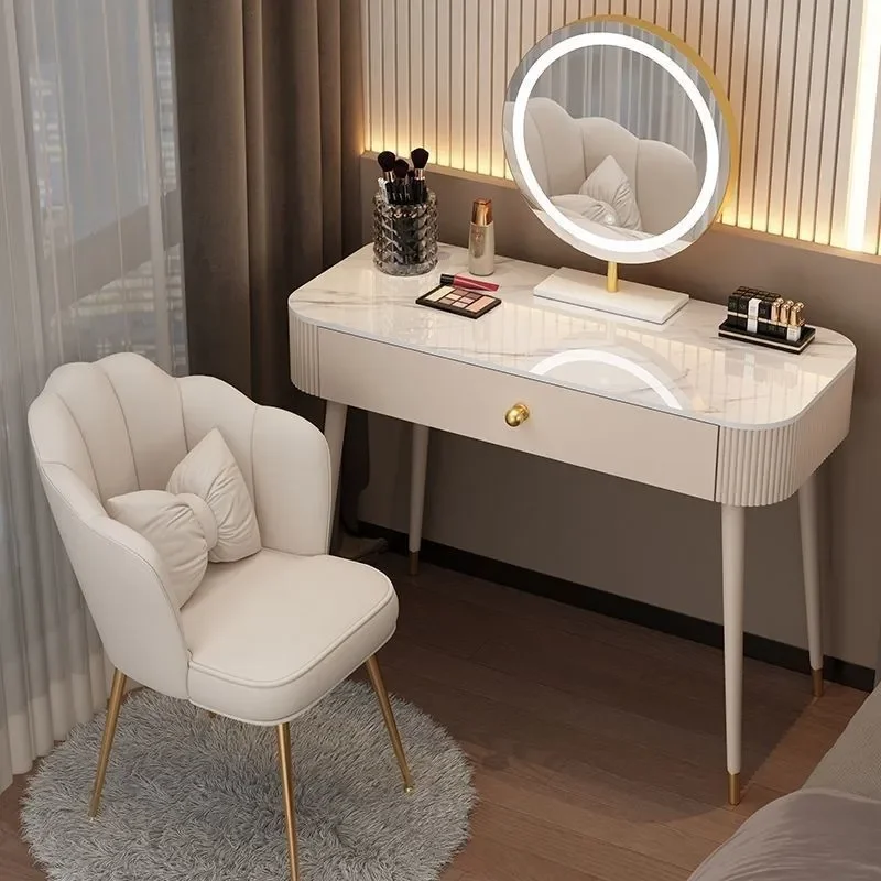 Solid Wood and Rock Slab Countertop Dressing Table Modern Simple Bedroom Vanity Desk with Storage Light Luxury Style