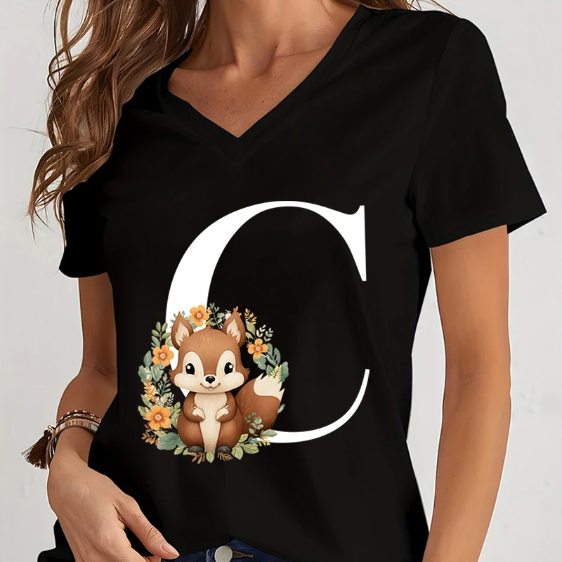 T-shirts for Women Summer 2024 Squirrel Alphabet T Shirt Aesthetics Y2K Top Fashion Short Sleeve Print Shirt Loose Female Tees