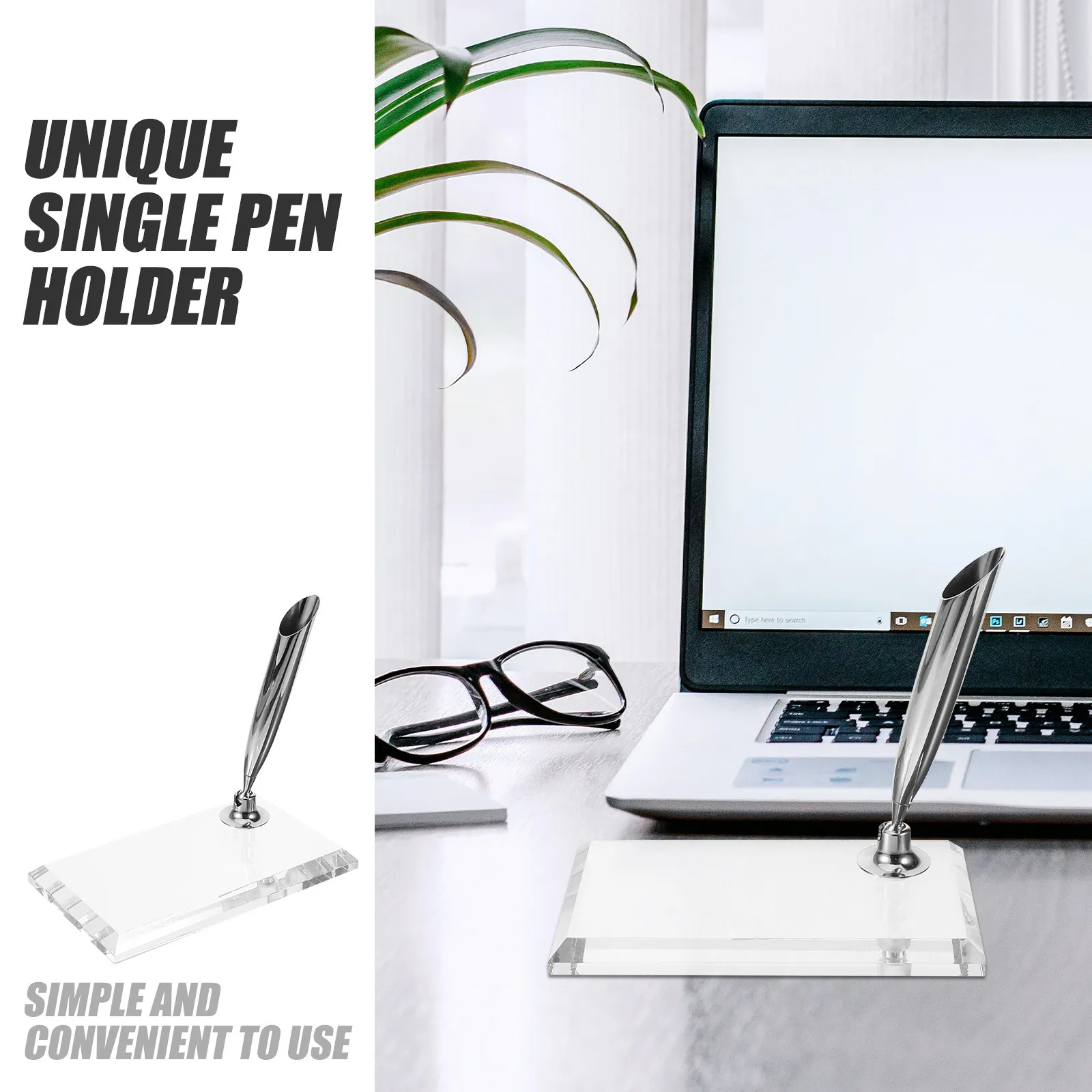 Acrylic Single Pen Holder Weighted Base Vintage Style Pen Stand for Desk Office Study Room Accessories Quill-Pen Support