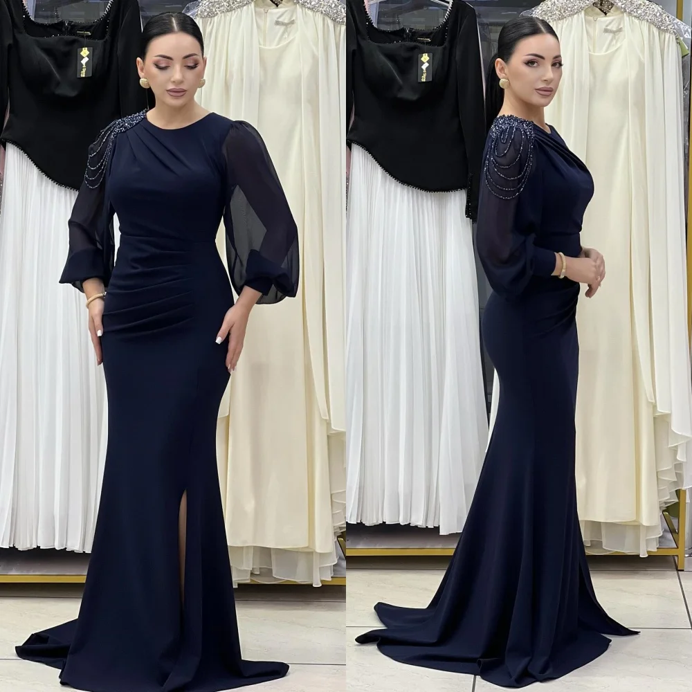 

Customized Sparkle Jersey Pleat Sequined Trumpet O-Neck Long Dresses Bespoke Occasion Celebrity High Quality Formal