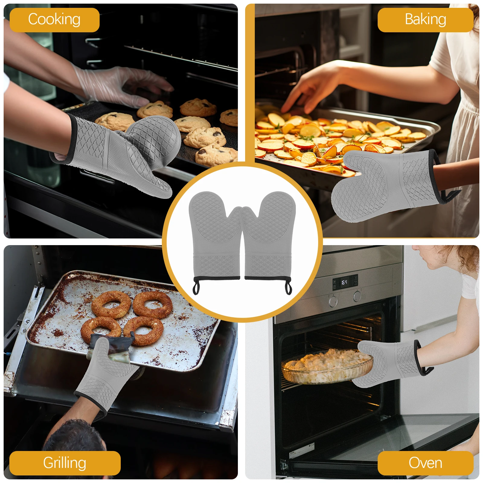 

Heat Insulation Gloves Baking Oven Mitts Non Slip Silicone Kitchen Cooking Grey One Size Long Lasting Safe Removing