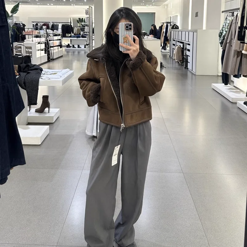 Autumn Winter New Women's Lamb Velvet Suede Marbled Fur Collar Jaet Coat Street Sle Straight Cut Regular Length Outerwear