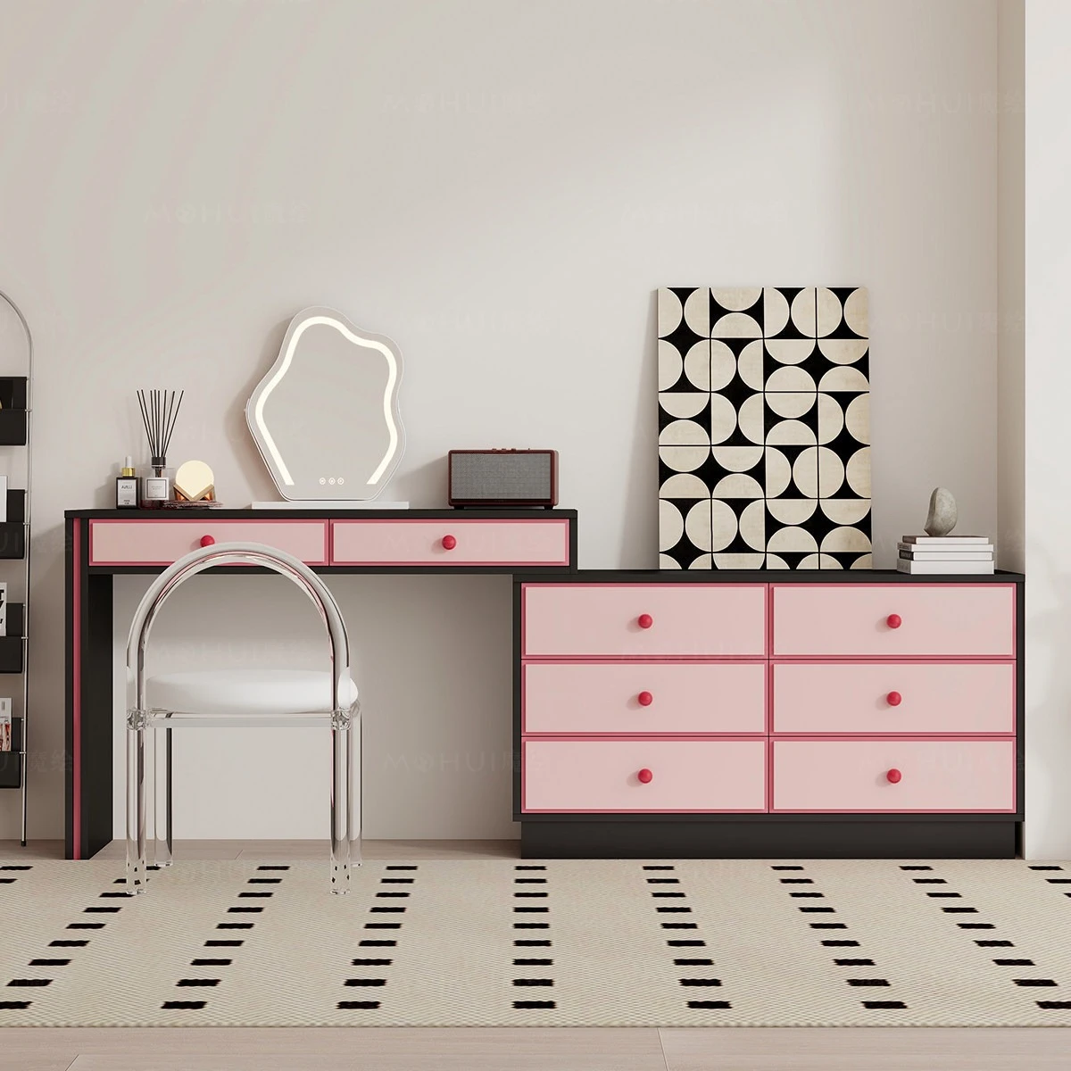 Modern Contrast Dopamine Retractable Bedroom Makeup Table Storage Cabinet