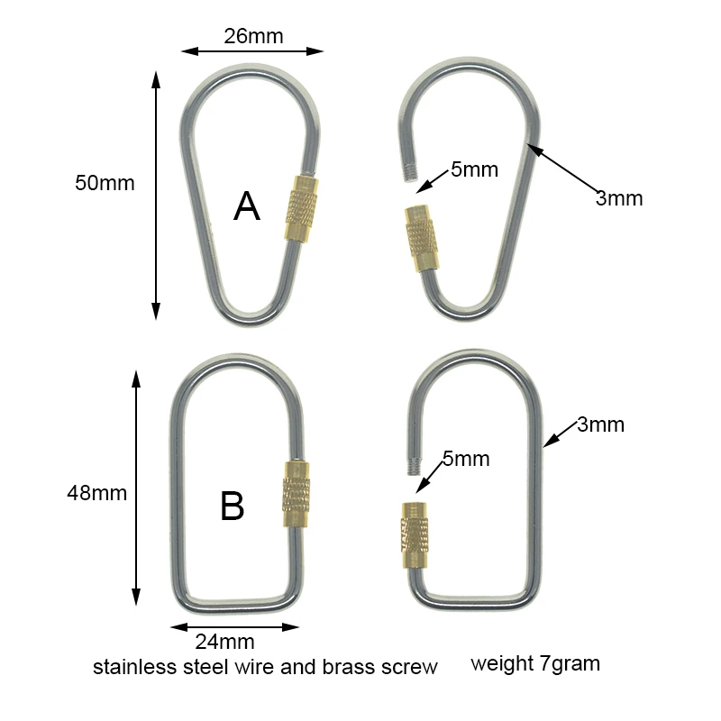 2pcs 50mm 2inch Stainless Steel Wire Wrap Brass Screw Run Course Oval Drop Screw Lock Carabiner Kekyring Keychain DIY EDC Gift