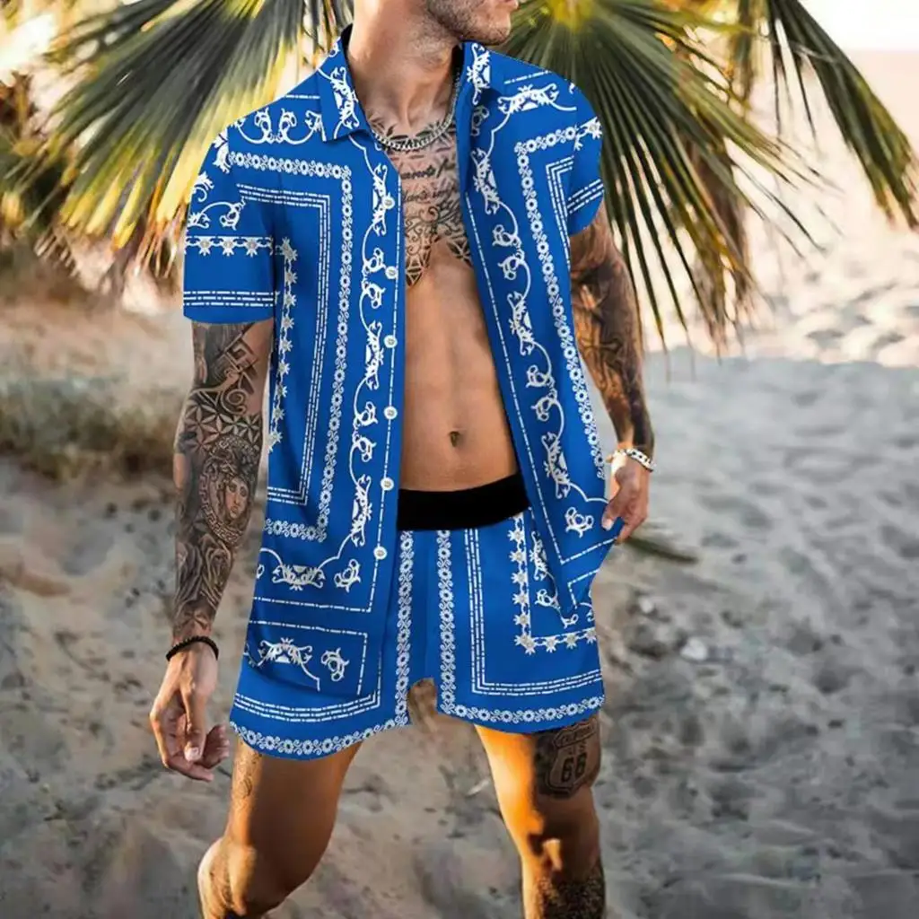 Vintage Männer Hemden setzt Sommer goldenen Pferd drucken Strand Kurzarm Shirt Shorts Casual Trip Herren Hawaii 2 Stück Anzug S-5XL