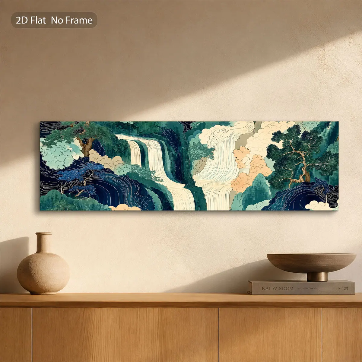 Wide Horizontal Japanese Waterfall Wall Art, Ukiyo-e Forest Mountain Print, Teal Green Oriental Sofa Canvas Decor Posters