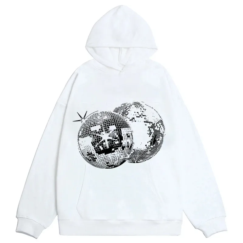 Y2K Hoodies Clothes Women Vintage Mirror Ball Print Autumn Winter Long Sleeves Pocket Loose Sweatshirt Fashion Gothic Streetwear