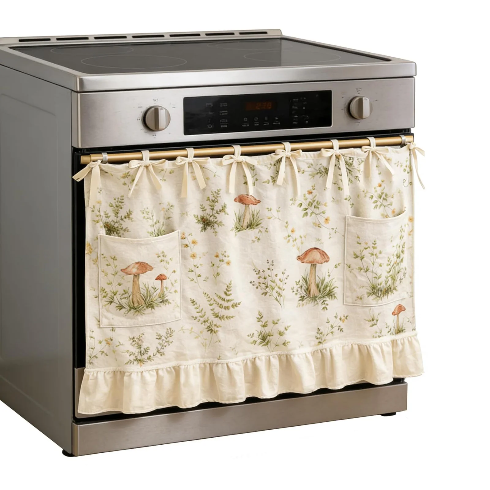 Oven Skirt Curtain Ribbon Ties and Ruffled Trim Handmade Oven Skirts Heat with Adjustable Lace for Stove Kitchen Decor