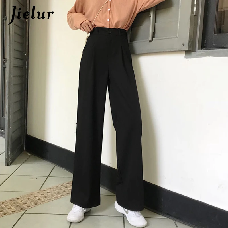 

Women Wide Leg Pants Black Gray High Waist Casual Suit Pants Office Ladies Formal Loose Trousers Femme Pockets Pantalon