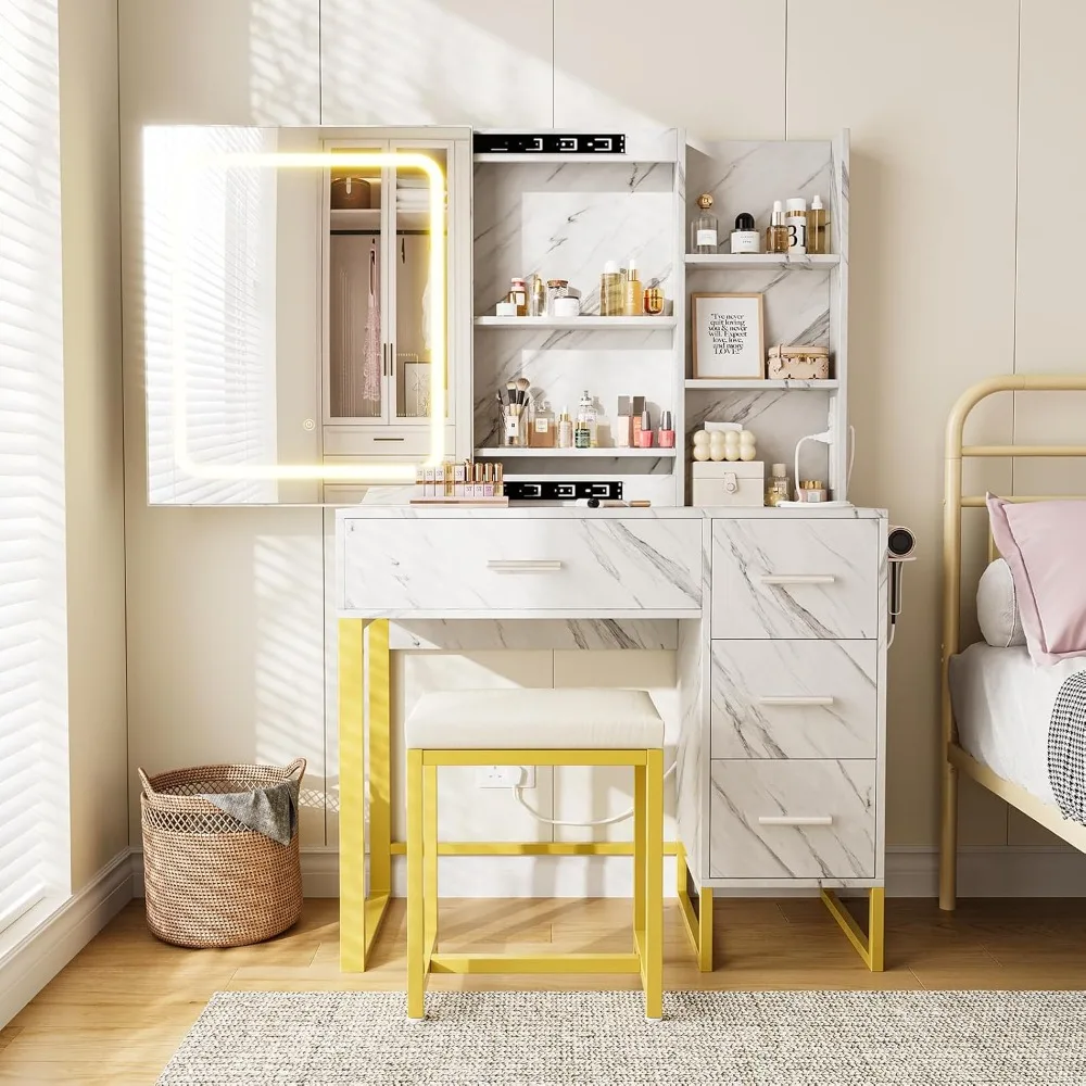 

"elegant wooden vanity desk with illuminated mirror, built-in power outlets, padded stool, and hair dryer holder"