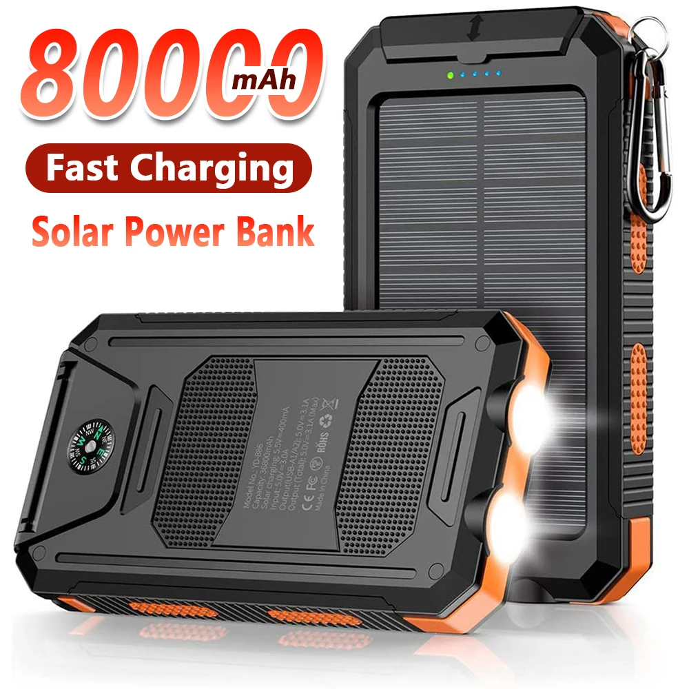 Banco de energia solar 80000mAh Carregamento portátil Poverbank Carregador de bateria externa Luz forte LDE para todos os smartphones