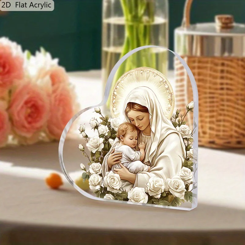 2D， Heart shaped acrylic desktop decoration - designed by Jesus and the Virgin Mary, suitable for home offices, holiday gifts