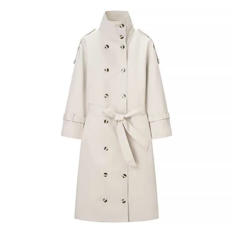 Popular Spring Autumn Fashion Women's Coat with A Double-breasted Stand-up Collar and A Belt Exuding An Elegant and Stylish Vibe