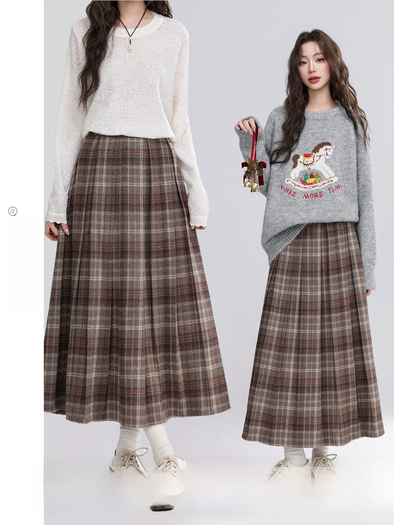 

Retro Plaid Woolen A-Line Skirt Women's High Waist Commuter Friendly Polyester Fiber No Stretch Bifold Skirt