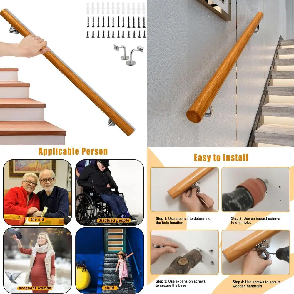 طقم حاجز سلالم داخلي مضاد للانزلاق، درابزين خشبي بطول 5 أقدام مع دعامات معدنية، نظام تركيب كامل على الحائط آمن #1