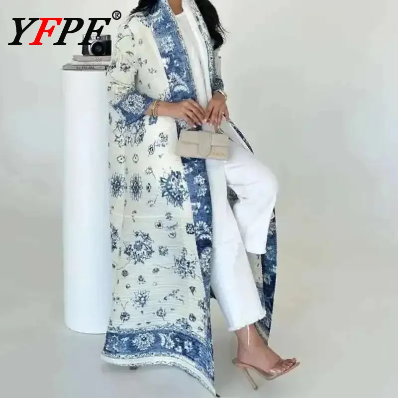 

YFPF 2025 модное плиссированное длинное пальто с принтом, женский шарф, воротник, пояс, плащи со сборкой на талии, модная новинка 3A111