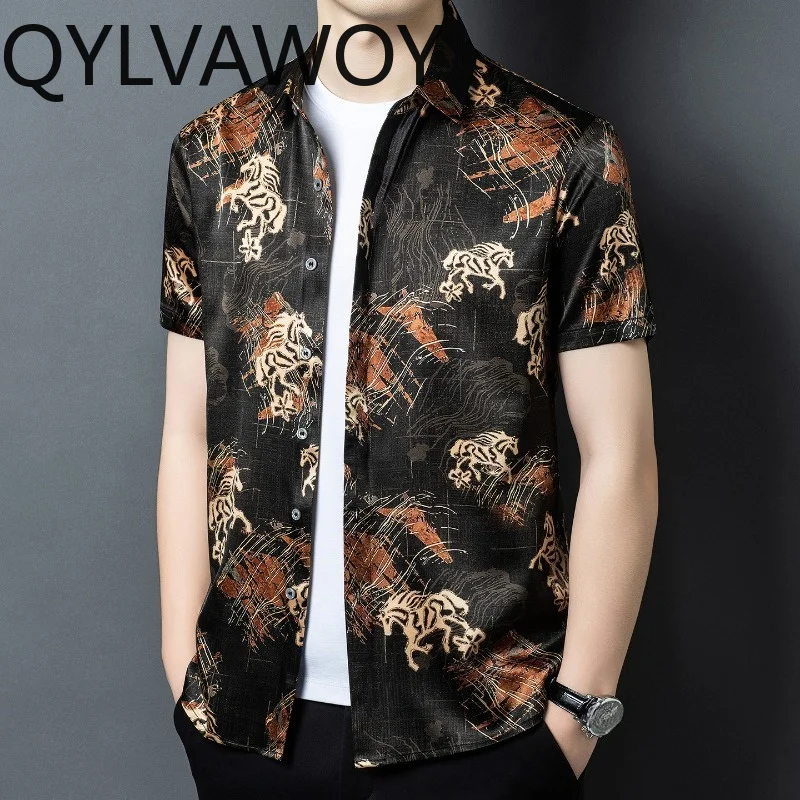 QYLVAWOY Preimum Men's Shirts Thin Shirts for Man 92.5% Mulberry Silk Short Sleeve Summer Tops Printed Brand Shirts Luxury 고퀄 셔츠