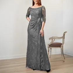 Elegant Mother of the Bride Dresses Gray Lace 3/4 Sleeves Wedding Guest Gowns for Women A Line Crystals Pleats Scoop Formal Gown