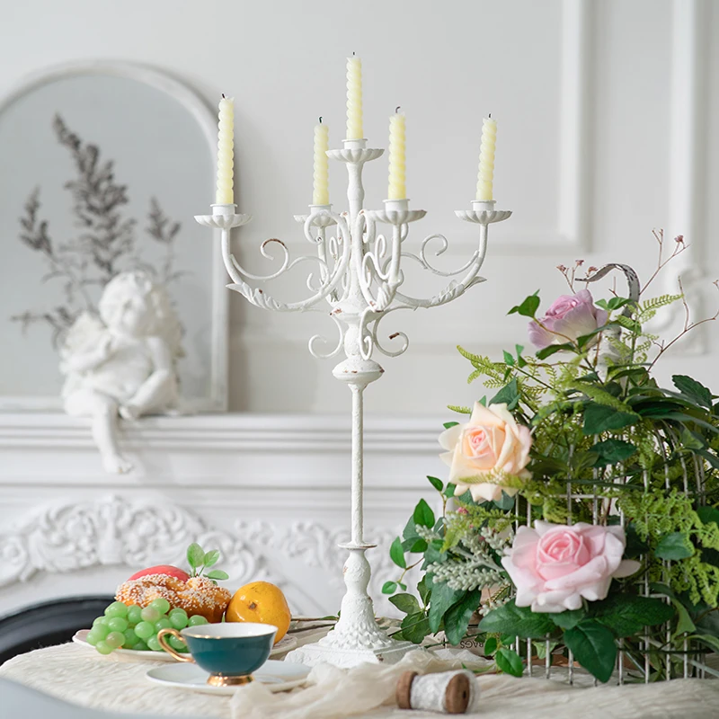 

French Vintage Candle Holder Wrought Iron Restaurant Candlelight Dinner Romantic Wedding Ornament Baroque Court White