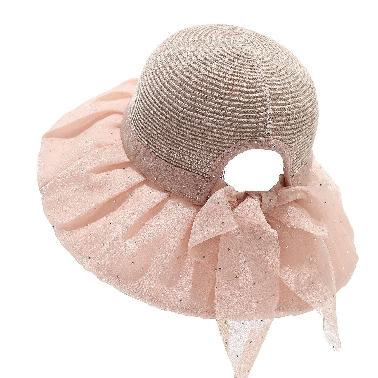 Women's Spring Summer Korean Shiny Stone Stud Bucket Hat with Bow Ponytail Hole UV Sun Protection Hat