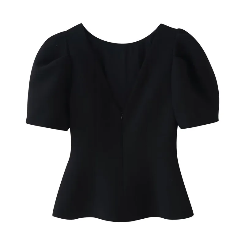 ANJY Summer New Women Elegant Fashion Pearl Bowknot Puff Sleeve Dark Top Stylish O-Neck Short Sleeves Solid Color T-shirt A23745