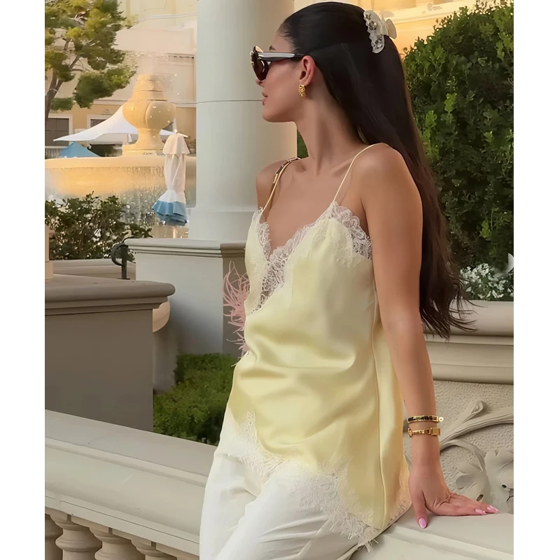 MUJER الأصفر الدانتيل أعلى امرأة غير المتماثلة بروتيل الصيف بلوزات بلا اكمام للنساء مثير عارية الذراعين أعلى الإناث الأشرطة المرأة قمم #2