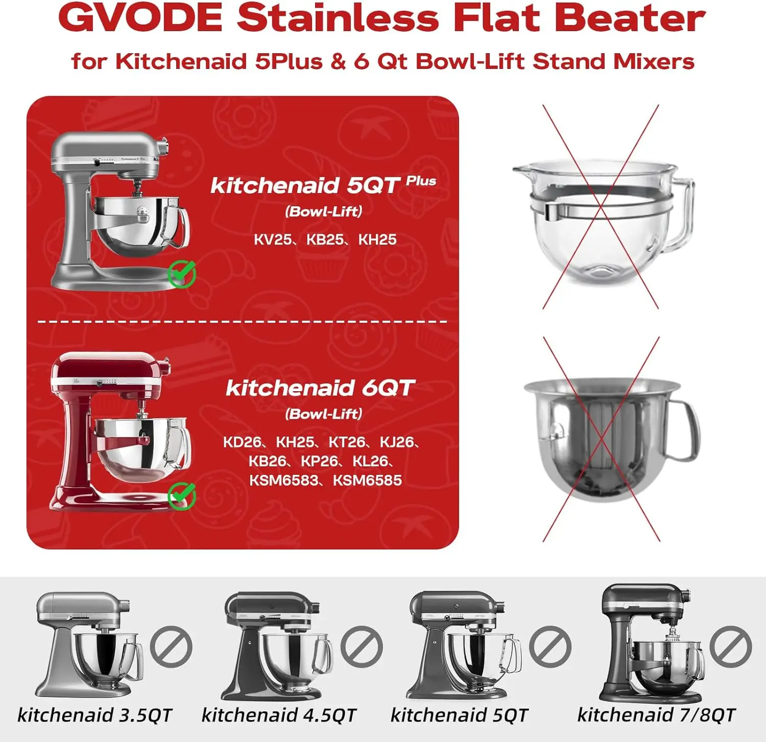 Flat Beater for KitchenAid 5Plus-6 Qt Bowl-Lift Stand Mixer, Stainless Steel Paddlefor Kitchenaid Mixer,Dishwasher Safe