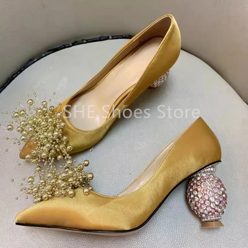 String Bead Flower Decor Leather Pumps for Women Fashion Design Strange Heel Pointed Toe Shallow Slip-On Ladies Hight Heels