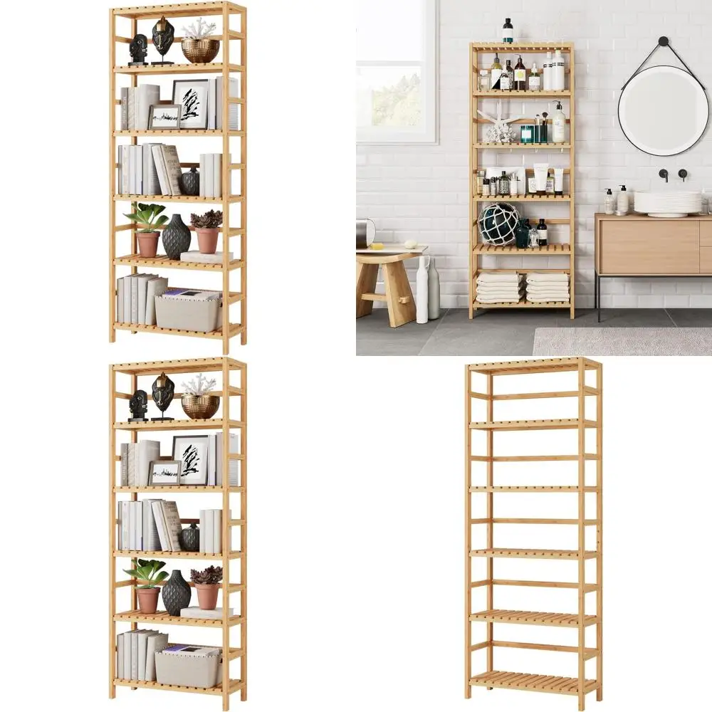 

6-ярусный высокий книжный шкаф-стеллаж, многофункциональная регулируемая полка для дома, офиса, гостиной, кухни, натуральное покрытие